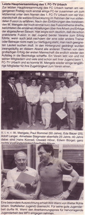 FCTV Urbach Letzte Hauptversammlung des Vereins 1988