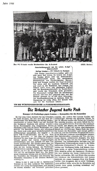 FCTV Urbach A-Jugend 1958 Endspiel Wuerttembergische Meisterschaft Bericht