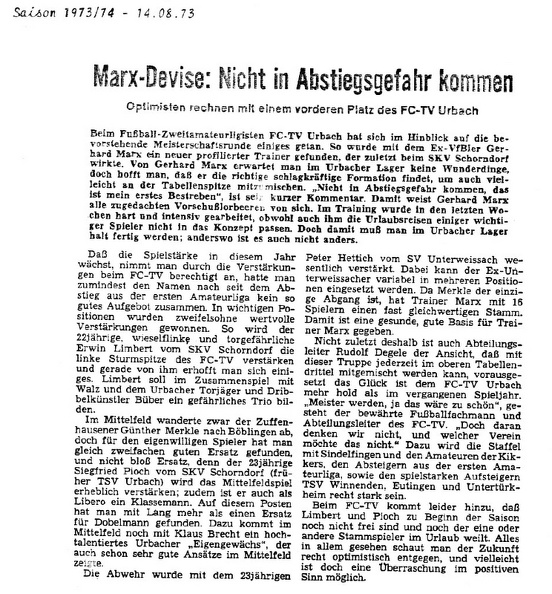FCTV Urbach Vorbericht Saison 1973 74 14.08.1973