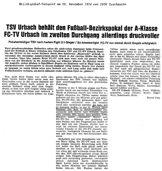FCTV Urbach TSV Urbach Bezirkspokal Endspiel 20.11.1974