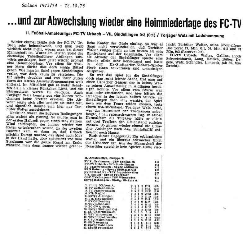 FCTV Urbach VfL Sindelfingen Saison 1973 74 21.10.1973