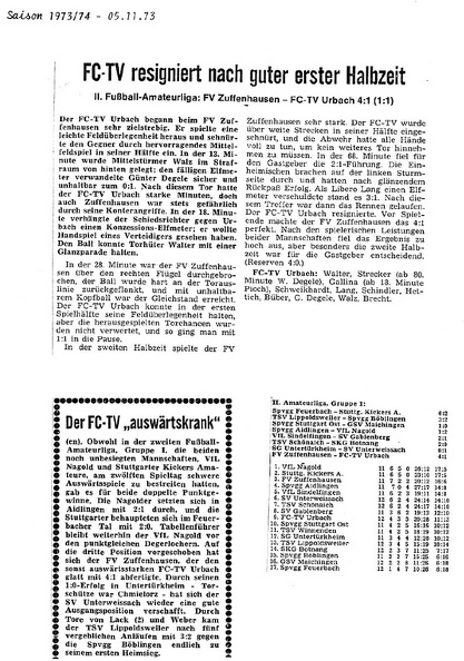 FV Zuffenhausen FCTV Urbach Saison 1973 74 04.11.1973