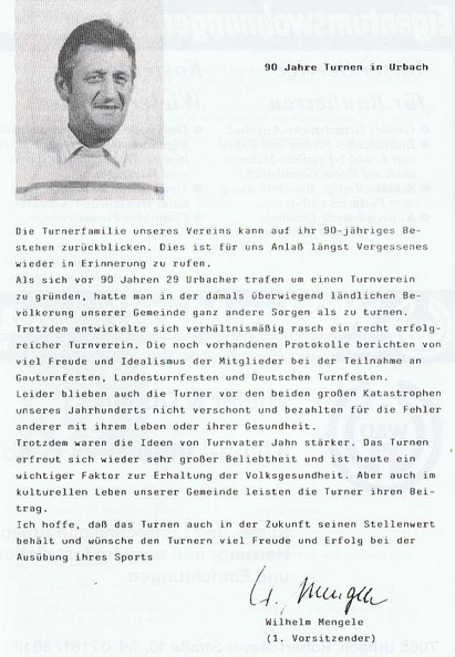 Turnen in Urbach 90 Jqhre Jubilaeum Grusswort Wilhelm Mengele
