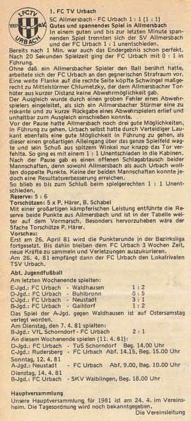 SV Allmersbach FCTV Urbach Saison 1980 81