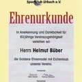 Ehrenurkunde SC Urbach 60 Jahre Vereinszugehoerigkeit