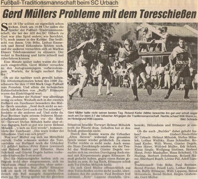 Fussball Hit 18.08.1989 SC Urbach AH FC Rhein-Main Promineten-Mannsschaft Zeitungsbericht