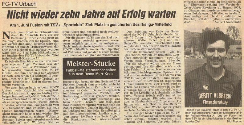 FCTV Urbach Meisterstuecke Saison 1987 1988