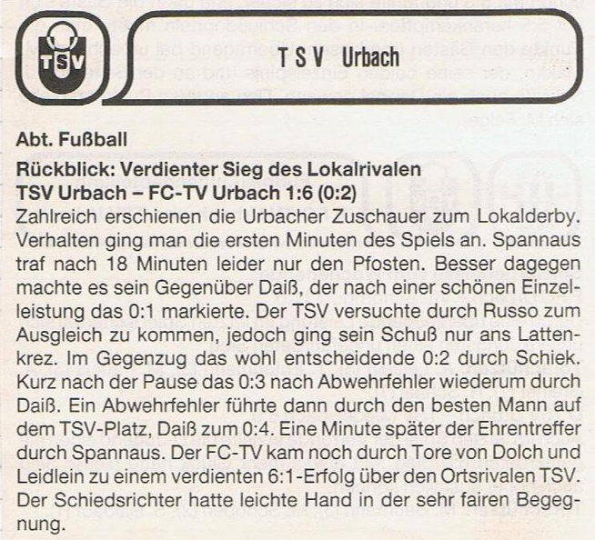 TSV Urbach FC TV Urbach 18.10.1987 Gemeindeblatt