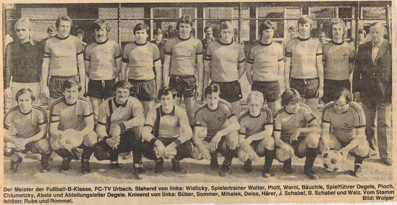 FCTV Urbach Meistermannschaft 1977 78 Zeitungsfoto