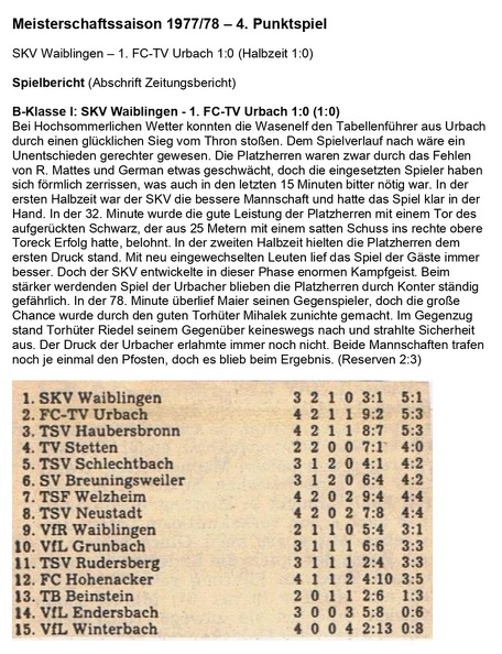 Meisterschaftssaison 1977 78 4. Punktspiel