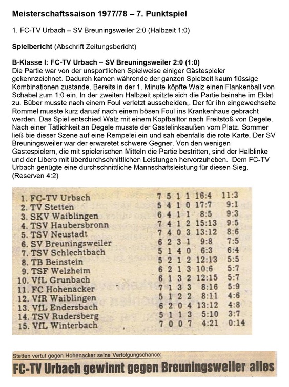Meisterschaftssaison 1977 78 7. Punktspiel