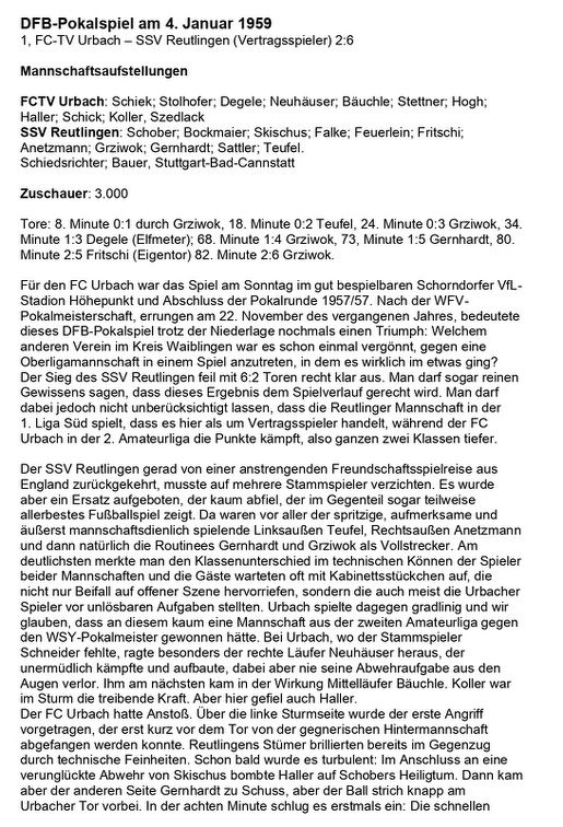 DFB Pokalspiel 14. Januar 1959 gegen SSV Reutlingen Seite 1