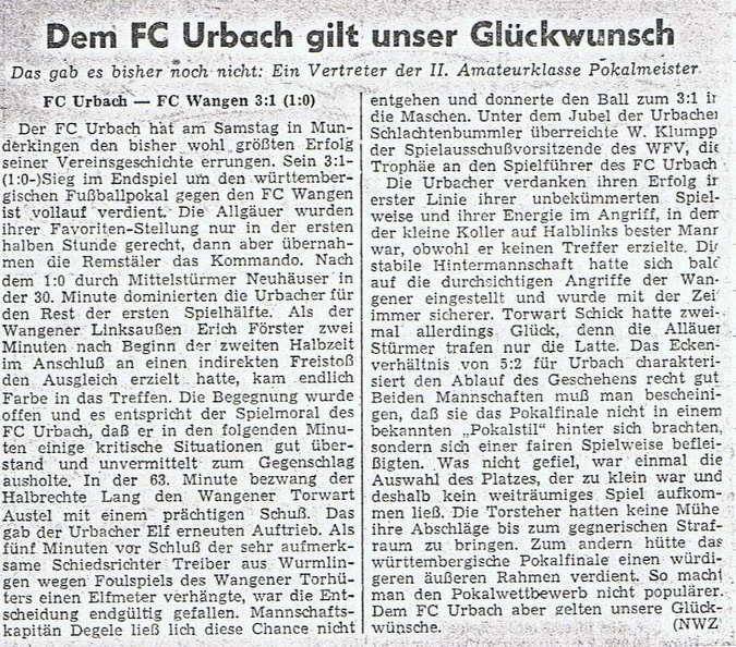 FCTV Urbach 1958 Glueckwunsch zum Pokalsieg 22.11.1958 NWZ