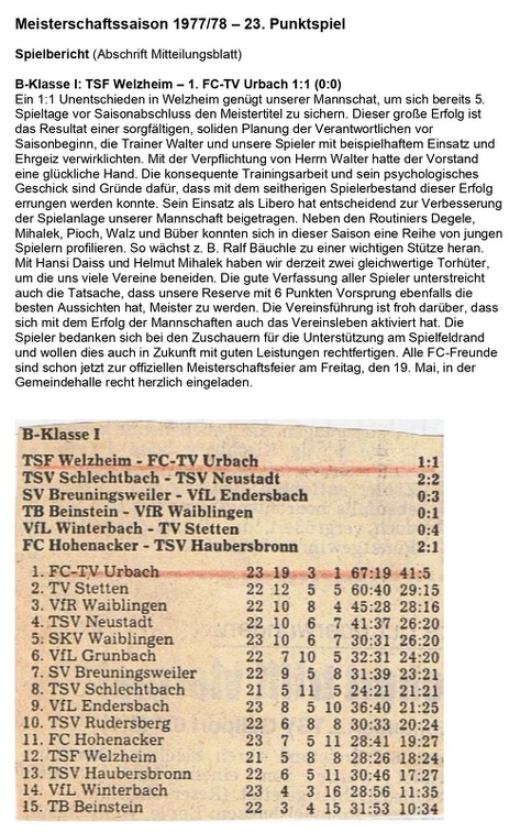Meisterschaftssaison 1977 78 23. Punktspiel