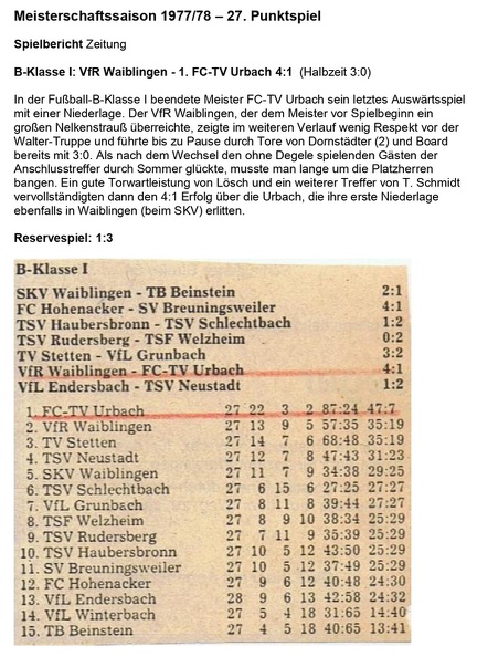 Meisterschaftssaison 1977 78 27 Punktspiel