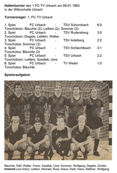 FCTV Urbach Saison 1982 83 Hallenturnier Urbach 09.01.1983