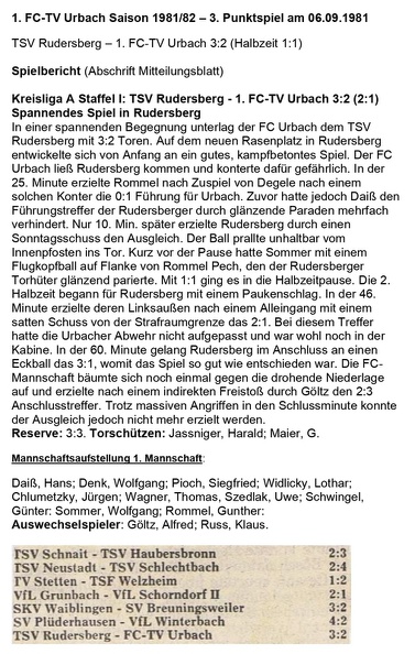 TSV Rudersberg FCTV Urbach Saison 1981 82 3. Punktspiel am 06.09.1981