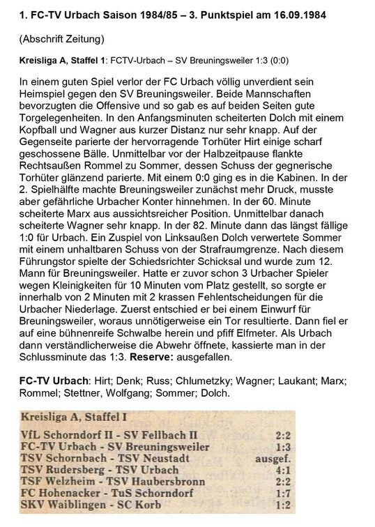 FCTV Urbach Saison 1984 85  FCTV Urbach SV Breuningsweiler 3. Spieltag am 16.09.1984