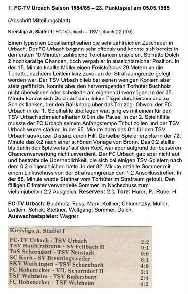 FCTV Urbach Saison 1984 85  FCTV Urbach TSV Urbach 23. Spieltag am 05.05.1985