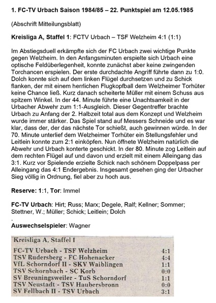 FCTV Urbach Saison 1984_85 FCTV Urbach - TSF Welzheim 24. Spieltag am 12.05.1985.jpg