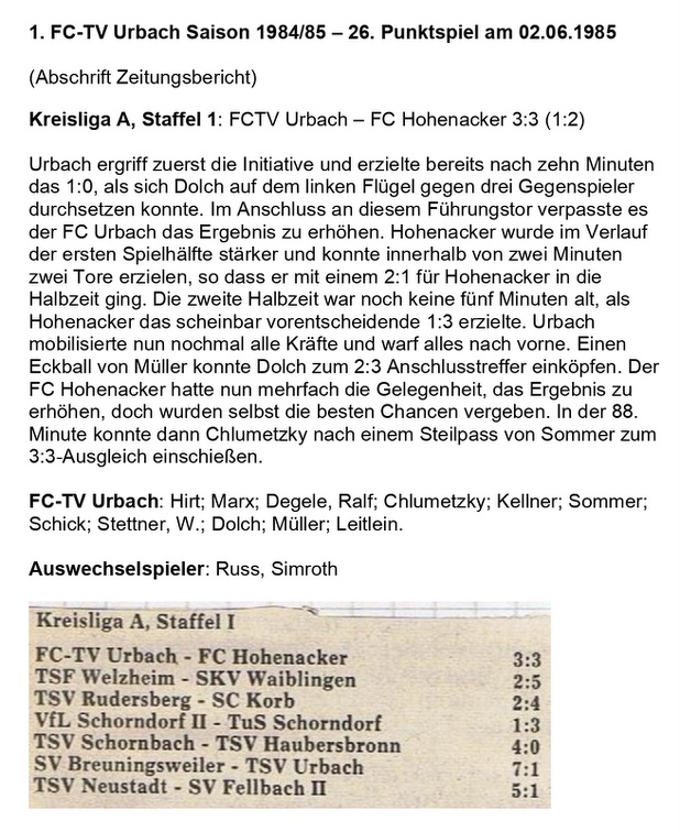 FCTV Urbach Saison 1984 85 FCTV Urbach FC Hohenacker 26. Spieltag am 02.06.1985