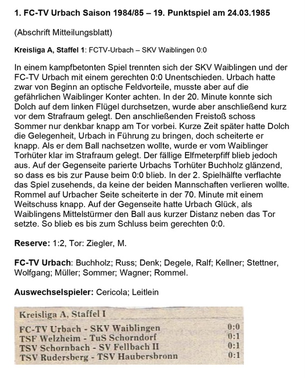 FCTV Urbach Saison 1984 85 FCTV Urbach SKV Waiblingen 19. Spieltag am 24.03.1985