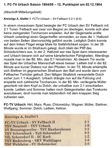 FCTV Urbach Saison 1984 85 FCTV Urbach SV Fellbach II 12. Spieltag am 02.12.1984