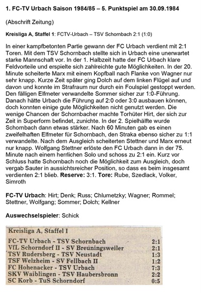 FCTV Urbach Saison 1984 85 FCTV Urbach TSV Schornbach 5. Spieltag am 30.09.1984