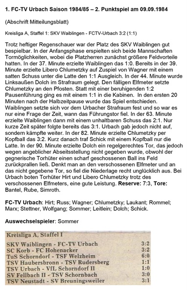FCTV Urbach Saison 1984 85 SKV Waiblingen FCTV Urbach 2. Spieltag am 09.09.1984