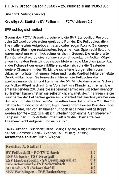 FCTV Urbach Saison 1984 85 SV Fellbach II FCTV Urbach 25. Spieltag am 19.05.1985
