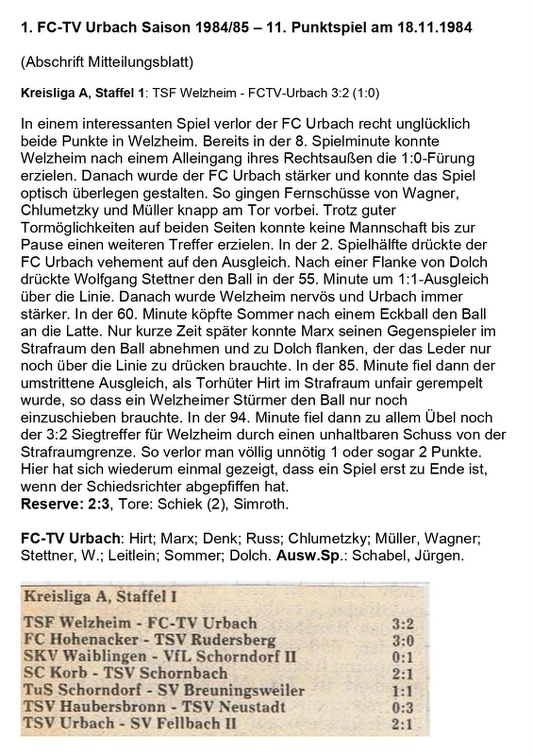 FCTV Urbach Saison 1984 85 TSF Welzheim FCTV Urbach 11. Spieltag am 18.11.1984