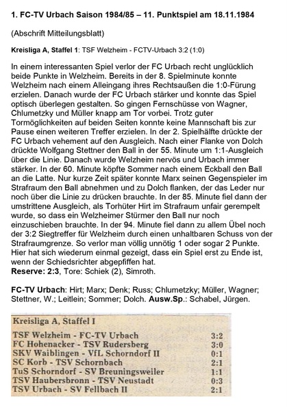 FCTV Urbach Saison 1984_85 TSF Welzheim FCTV Urbach 11. Spieltag am 18.11.1984.jpg