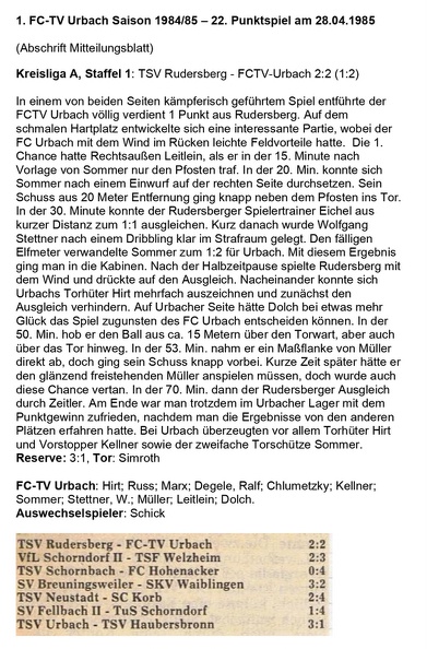 FCTV Urbach Saison 1984 85 TSV Rudersberg FCTV Urbach 22. Spieltag am 28.04.1985