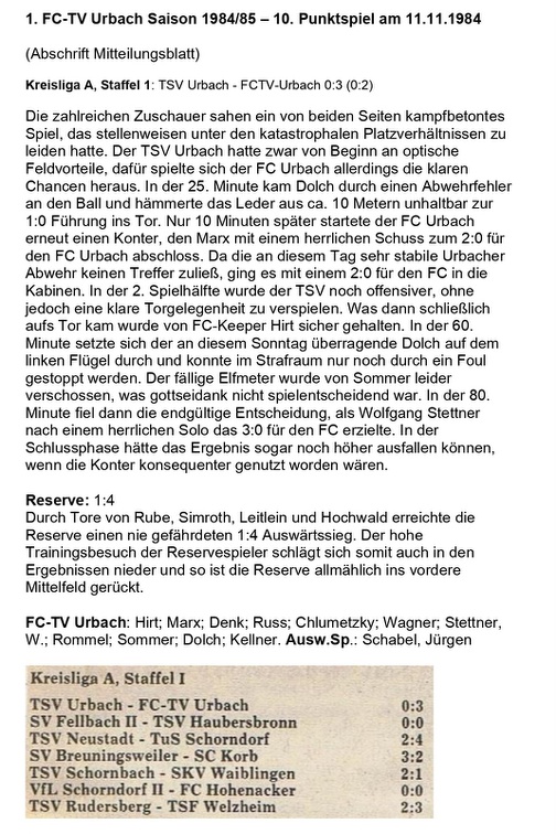 FCTV Urbach Saison 1984 85 TSV Urbach FCTV Urbach 10. Spieltag am 11.11.1984