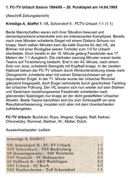 FCTV Urbach Saison 1984 85 VfL Schorndorf II FCTV Urbach 20. Spieltag am 14.04.1985
