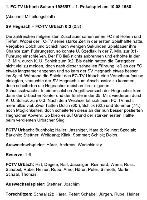 FCTV Urbach Saison 1986 87 1. Pokalspiel SV Hegnoch FCTV Urbch 10.08.1986