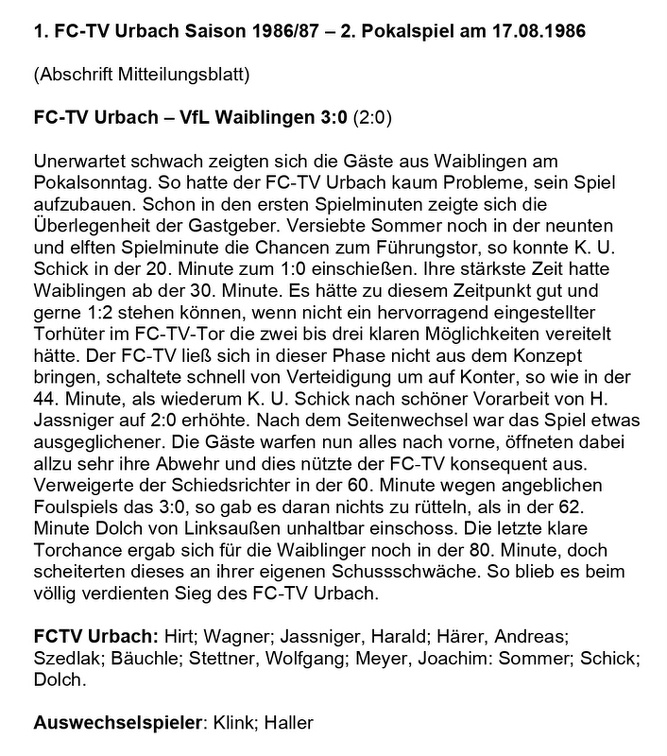 FCTV Urbach Saison 1986 87 2. Pokalspiel FCTV Urbach VfL Waiblingen FCTV Urbch 17.08.1986
