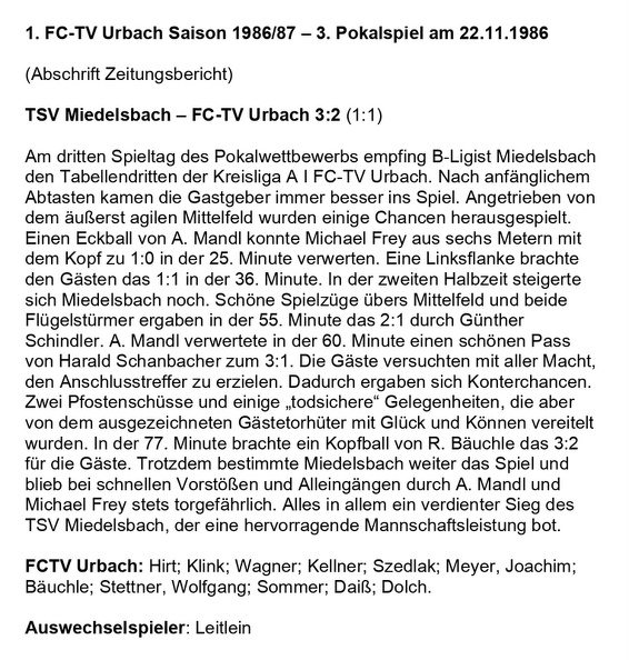 FCTV Urbach Saison 1986 87 3. Pokalspiel TSV Miedelsbach FCTV Urbach 22.11.1986