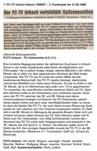 FCTV Urbach Saison 1986 87 2. Punktspiel FCTV Urbach FC Hohenacker 31.08.1986
