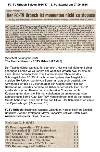 FCTV Urbach Saison 1986 87 3. Punktspiel TSV Haubersbronn FCTV Urbach 07.09.1986