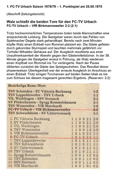 FCTV Urbach Saison 1978 79 1. Punktspiel FC-TV Urbach VfR Birkmannsweiler 20.08.1978