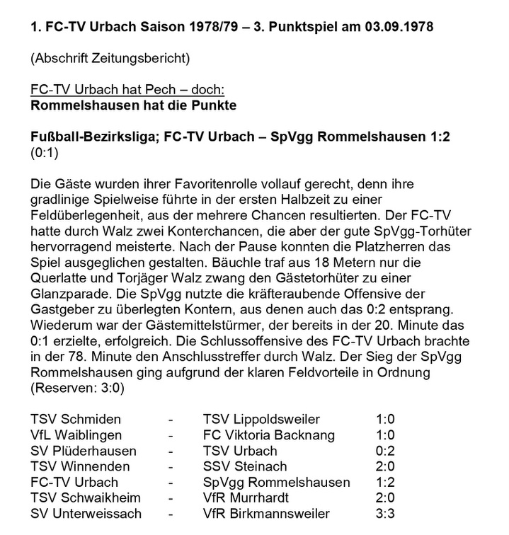 FCTV Urbach Saison 1978 79 3. Spieltag FC-TV Urbach SpVgg Rommelshausen 03.09.1978