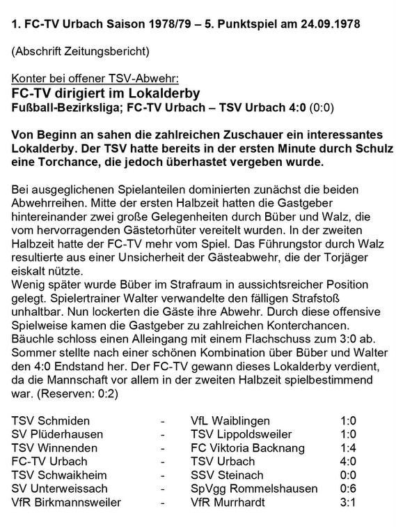 FCTV Urbach Saison 1978 79 5. Spieltag FC-TV Urbach TSV Urbach 24.09.1978