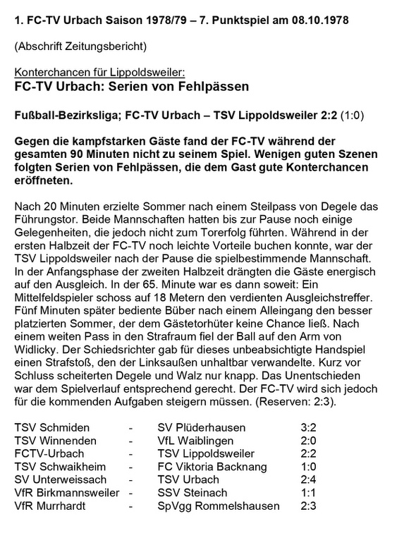 FCTV Urbach Saison 1978 79 7. Spieltag FC-TV Urbach TSV Lippoldsweiler 08.10.1978