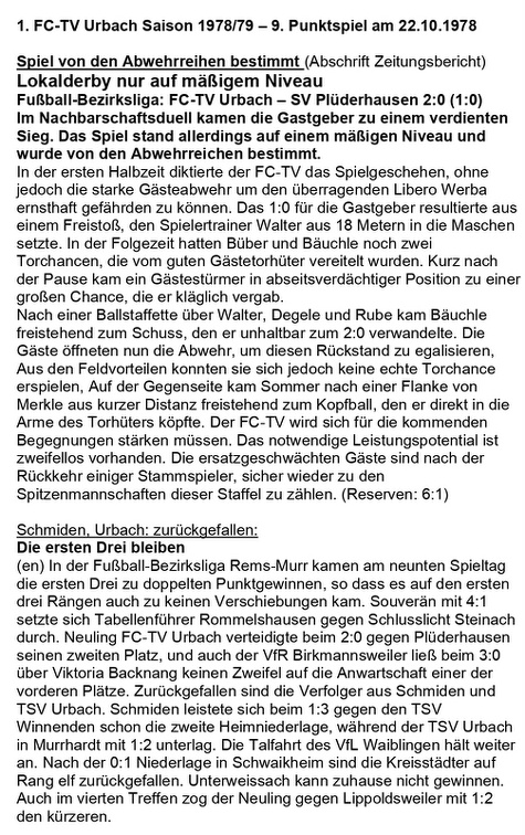 FCTV Urbach Saison 1978 79 9. Spieltag FC-TV Urbach SV Pluederhausen 22.10.1978