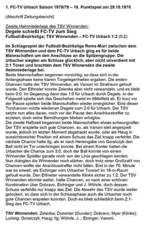 FCTV Urbach Saison 1978 79 10.. Spieltag TSV Winnenden FC-TV Urbach 29.10.1978