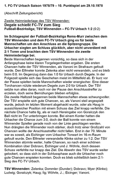 FCTV Urbach Saison 1978 79 10.. Spieltag TSV Winnenden FC-TV Urbach 29.10.1978