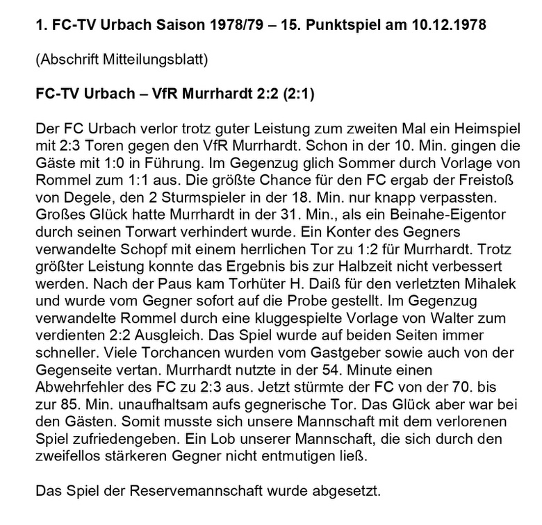 FCTV Urbach Saison 1978 79 15. Punktspiel FC-TV Urbach VfR Murrhardt 10.12.1978