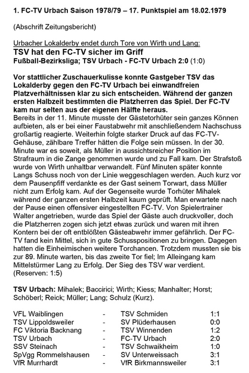 FCTV Urbach Saison 1978 79 17. Spieltag TSV Urbach FCTV Urbach 18.02.1979