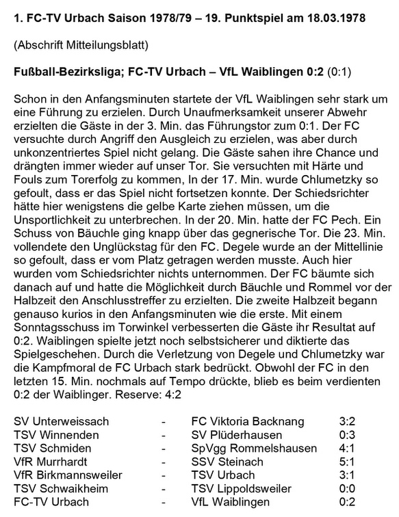 FCTV Urbach Saison 1978 79 19. Spieltag FC-TV Urbach VfL Waiblingen 18.03.1979